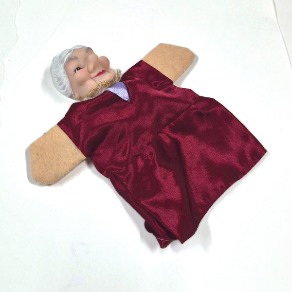 Vintage Mr. Rogers oma handpop met vinyl hoofd en bordeauxrode jurk