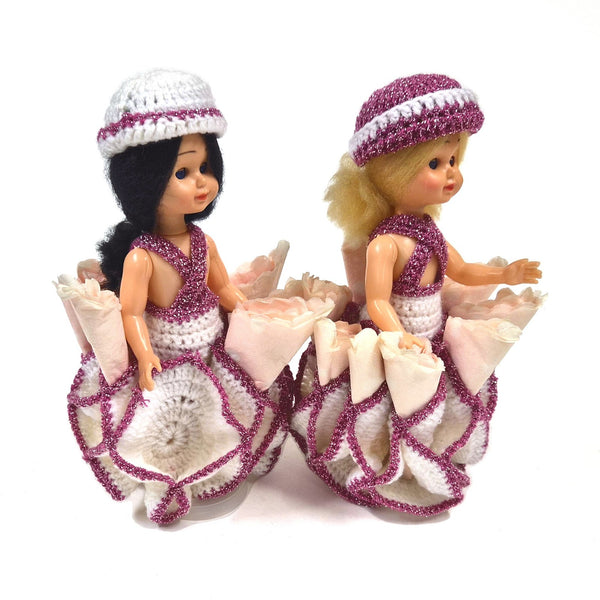 Vintage Cavicchi poppenpaar uit Italië met slaapogen en gehaakte jurkjes