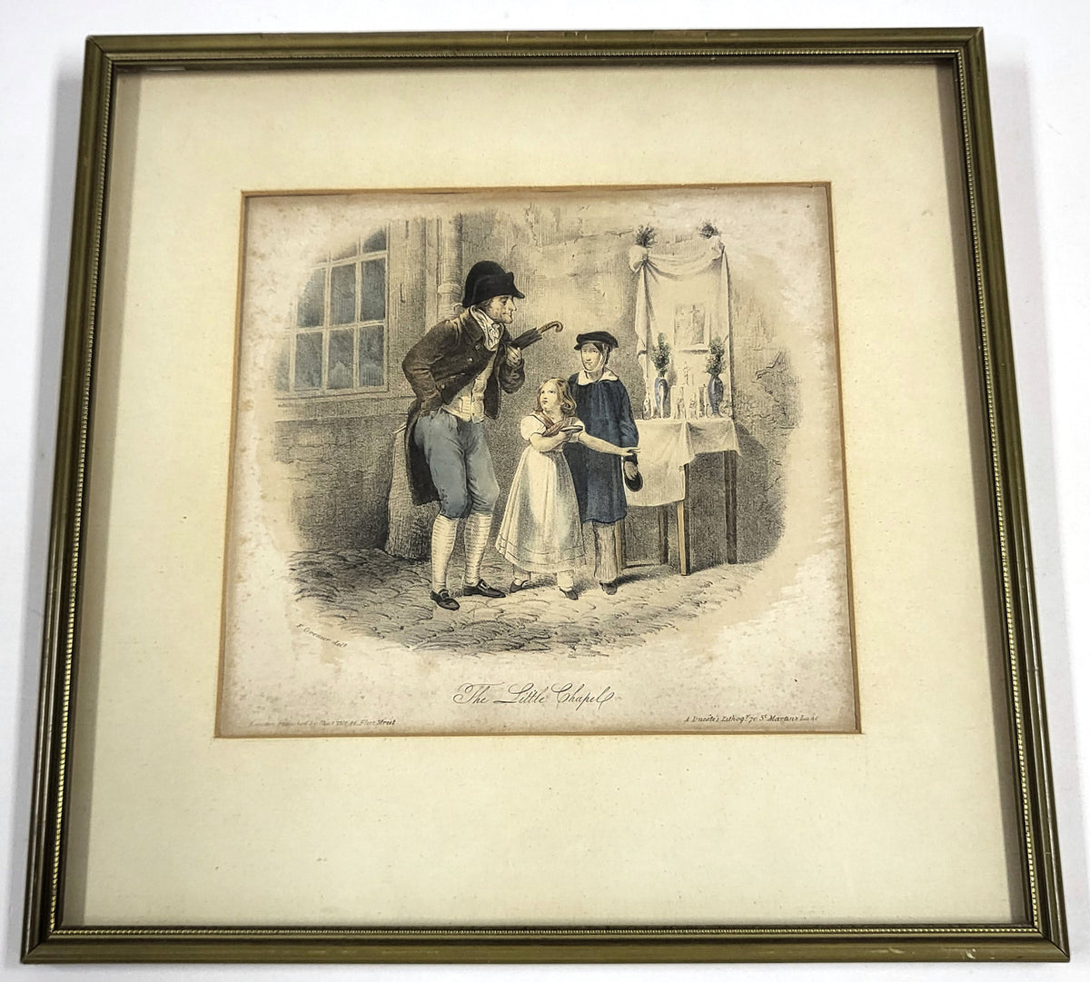 Antieke met de hand gekleurde litho 'The Little Chapel', ingelijst