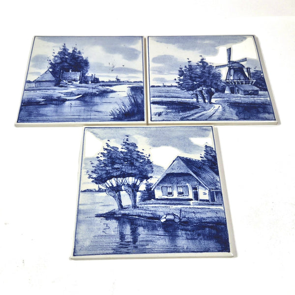 Vintage handbeschilderde Delfts blauwe tegels, set van 3