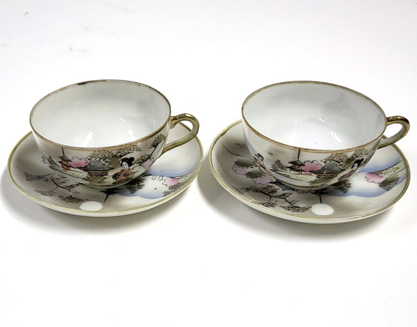 Vintage twee Japanse kop-en-schotels met handgeschilderde geisha's