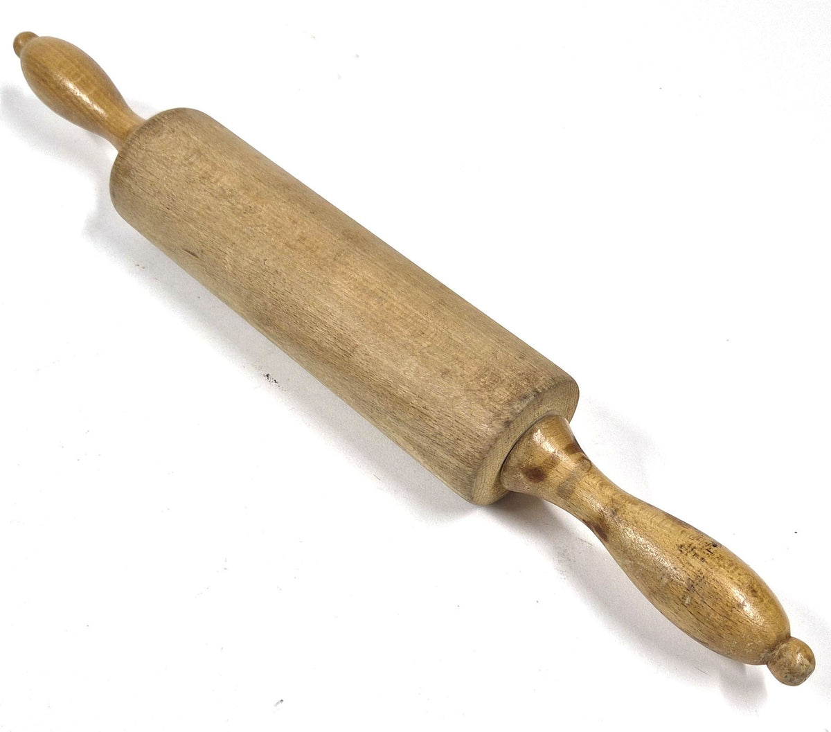 Vintage houten deegroller met gedraaide handvatten, ca. 36 cm