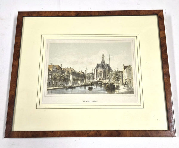 Antieke handgekleurde lithografie Nieuwe Kerk in Den Haag, ingelijst