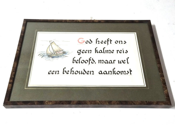 Vintage ingelijste kalligrafieprent met spreuk 'God heeft ons geen kalme reis beloofd'