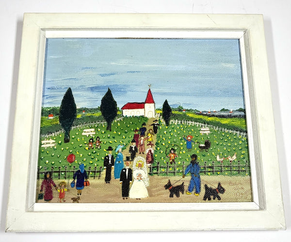 Vintage Lisbeth Werz – naïef olieverfschilderij met dorpstafereel, 1979