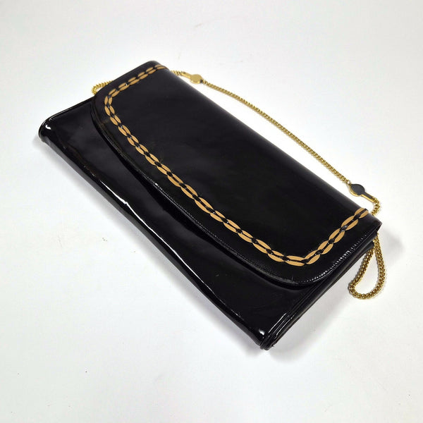 Vintage Melluso zwarte lakleren clutch met gouden ketting