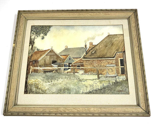 Vintage aquarel van Reggie Scherpbier: boerderij met rieten daken, ingelijst