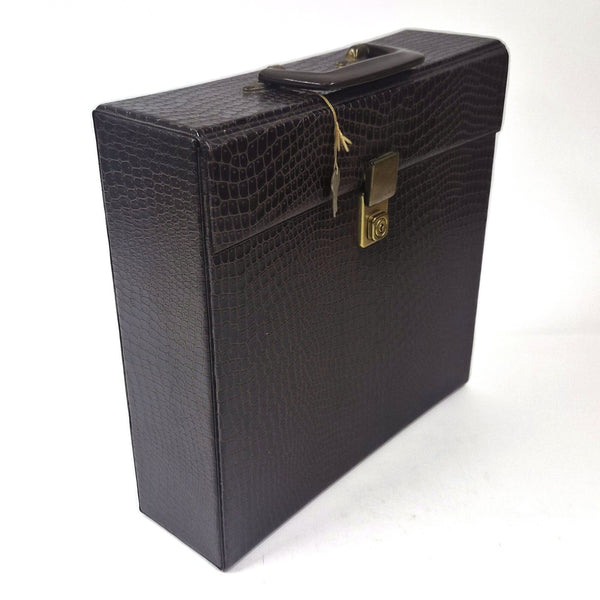 Vintage bruine platenkoffer met krokodillenprint en slot, voor LP's