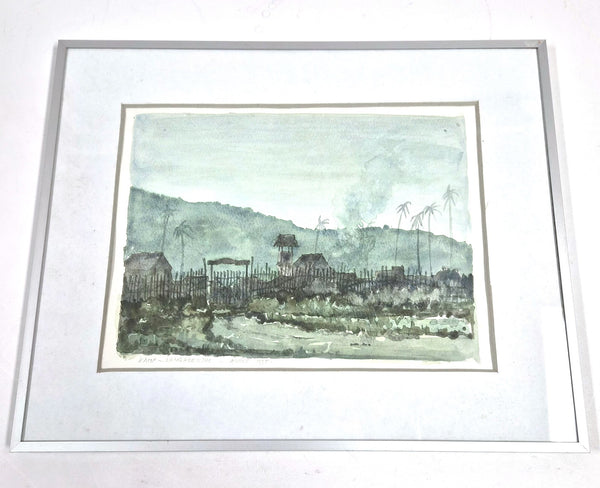 Vintage aquarel van André van den Heuvel: filmset Kamp Lengkoedjoe, gesigneerd, ingelijst