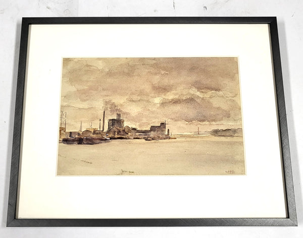 Aquarel van Adriaan van 't Hoff – industrieel rivierlandschap