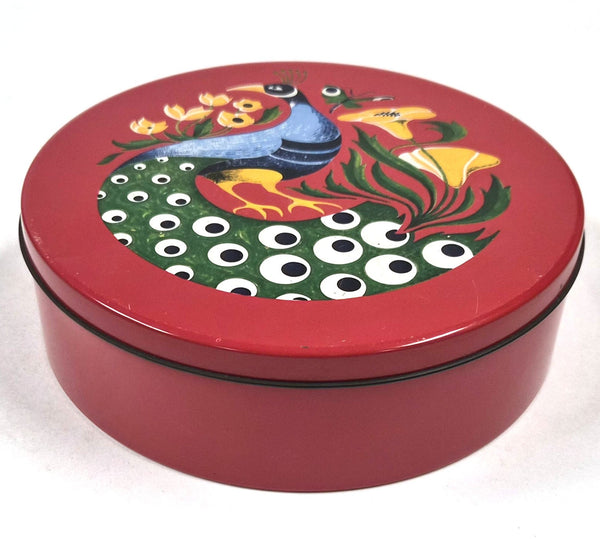 Vintage ronde bewaardoos met blikken pauwdeksel