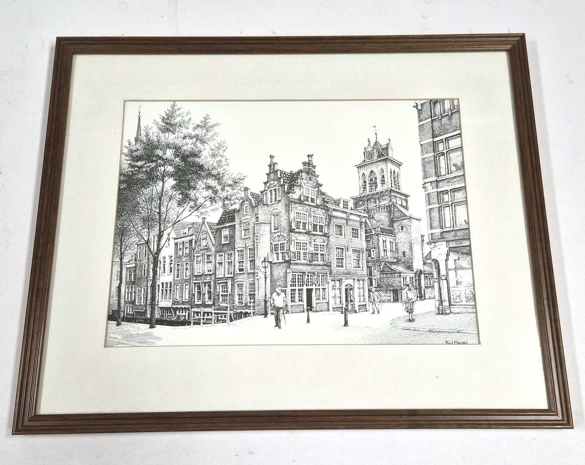 Vintage Paul Menses – gesigneerde ets van de Markt in Delft, ingelijst