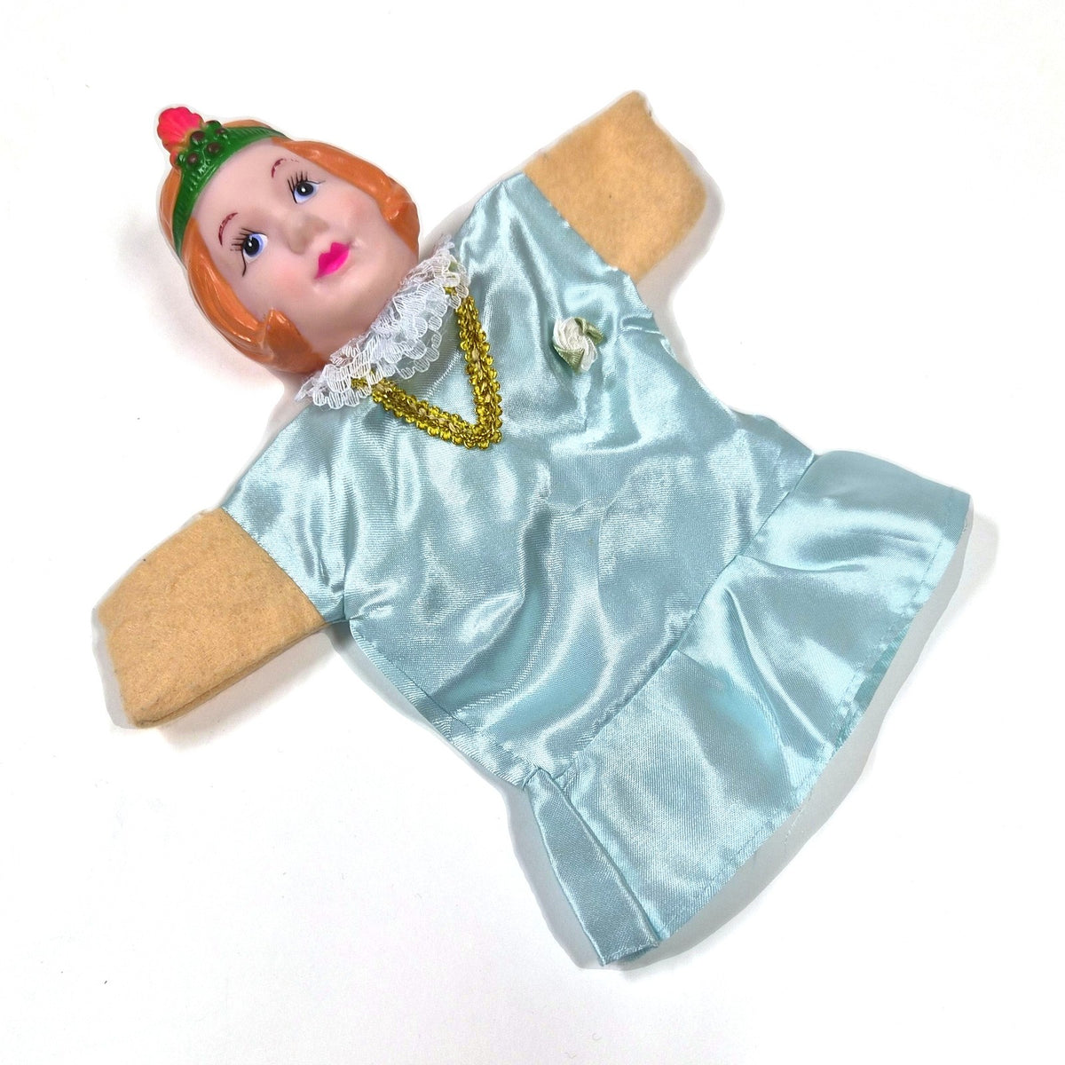 Vintage Mr. Rogers prinses handpop met vinyl hoofd en blauwe jurk