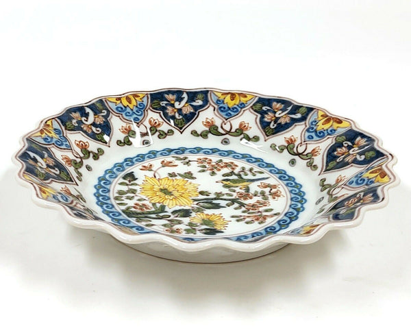Vintage Makkum 1010 porseleinen wandbord met blauwe en gele bloemen