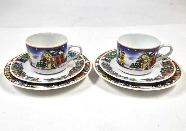 Vintage koffieset met winterdorp: 2 kopjes en 4 schotels