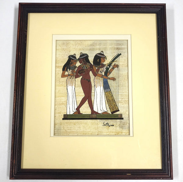 Vintage ingelijste Egyptische papyrusschildering met drie muzikanten