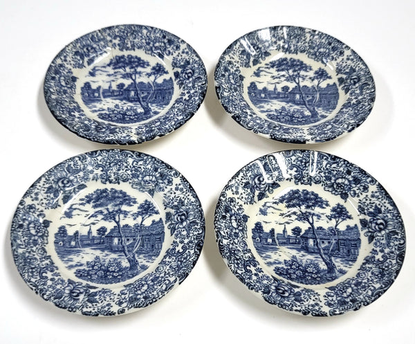 Vintage blauw-witte transferware schoteltjes, set van 4, met landschapsdecor