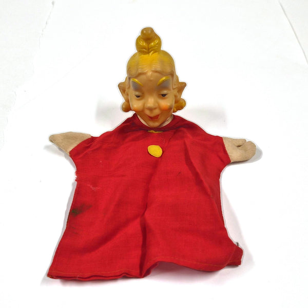 Vintage handpop dame met vinyl hoofd en rode jurk