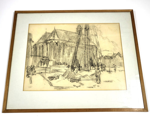 Vintage ingelijste tekening van een industriële havenscène, houtskool op papier