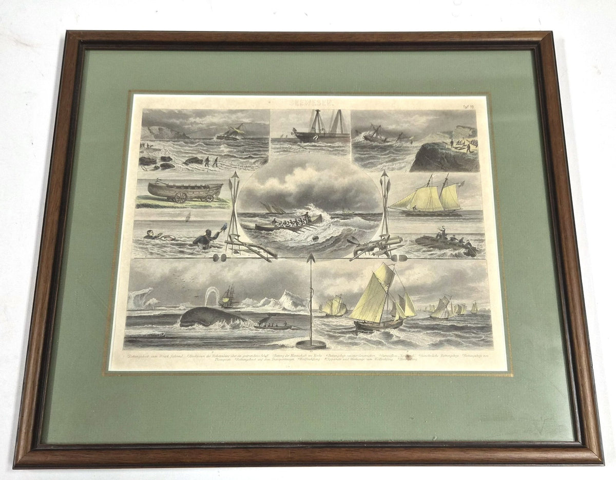 Antieke gravure van reddingsacties op zee, ingelijst