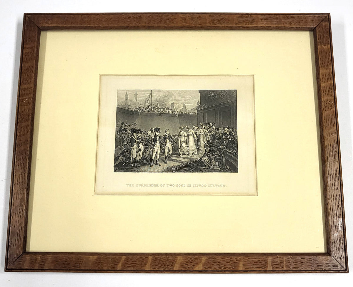 Antieke staalgravure 'The Surrender of Two Sons of Tippoo Sultaun'
