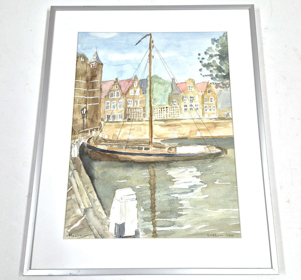 Vintage aquarel van de haven van Hoorn, gesigneerd T vd Torn, ingelijst