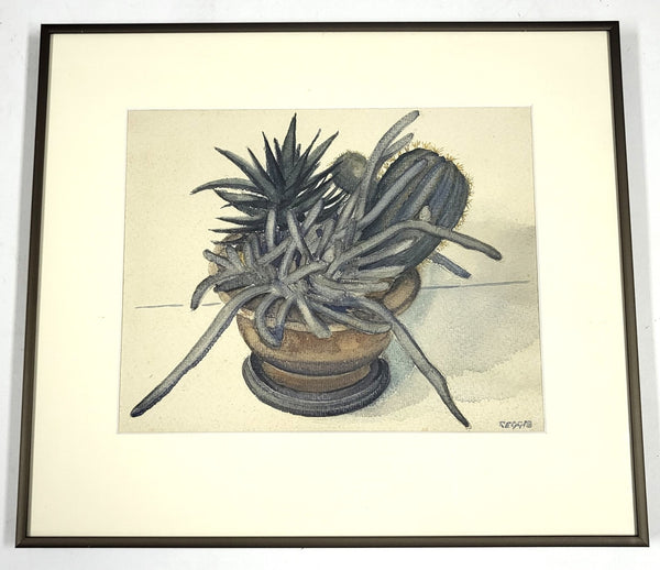 Vintage aquarel van Reggi Scherpbier, stilleven met vetplanten, ingelijst
