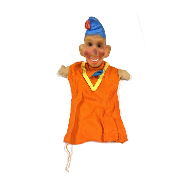 Vintage handpop Mr. Punch met vinyl hoofd en oranje kostuum