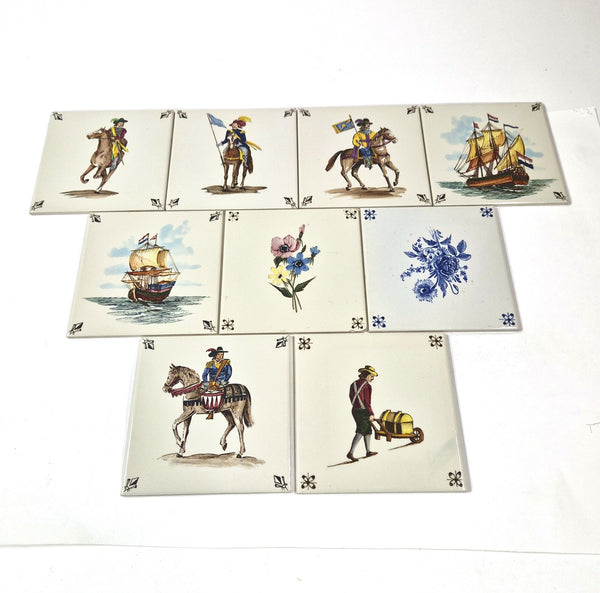 Vintage Nederlandse keramische tegels met Hollandse taferelen, set van 9