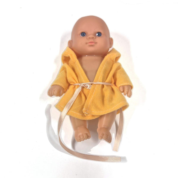 Vintage Uneeda babypop in geel badjasje met eendje, ca. 20 cm