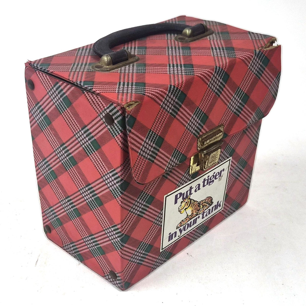 Vintage platenkoffer voor 7"-singles, rode tartanruit