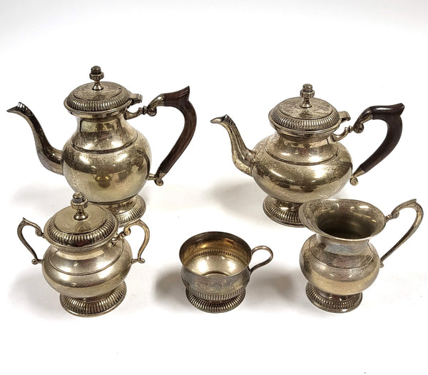 Vintage verzilverde thee- en koffieset, 5-delig, met houten handvatten