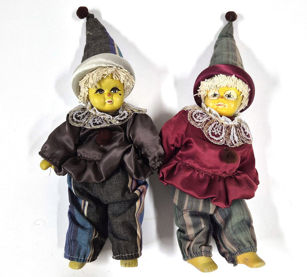 Vintage Set van 2 clownspoppen met zacht lijf en keramieken hoofd