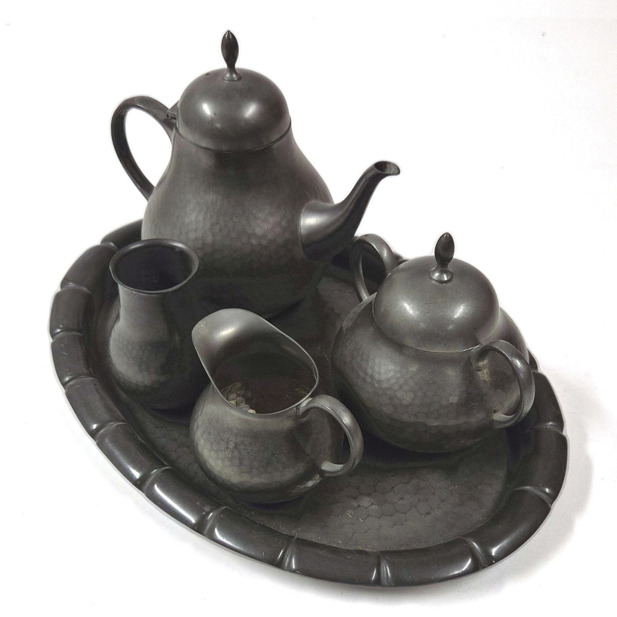 Antieke tinnen thee- en koffieset met dienblad, 5-delig