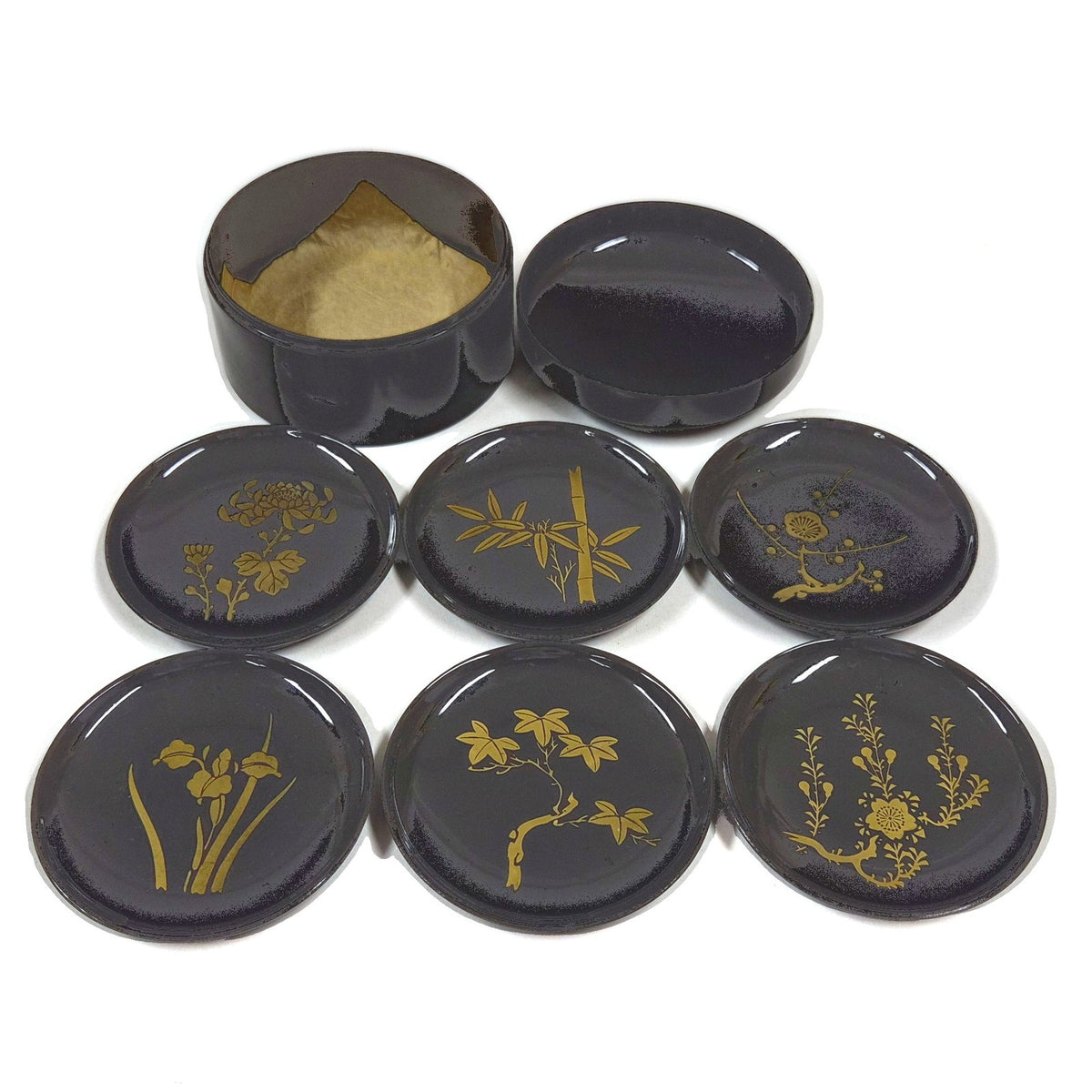 Vintage japanse zwart met gouden lakwerk sojasausschaaltjes, set van 6 met houder