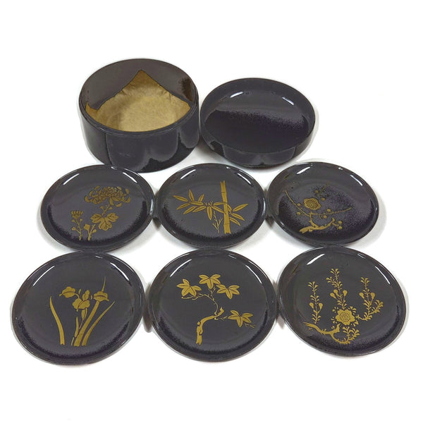 Vintage japanse zwart met gouden lakwerk sojasausschaaltjes, set van 6 met houder