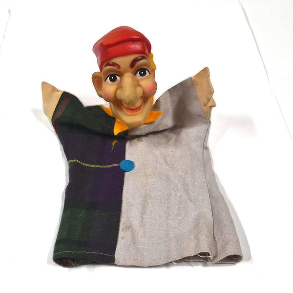 Vintage Jan Klaassen-handpop uit de jaren 60, met narrenpak