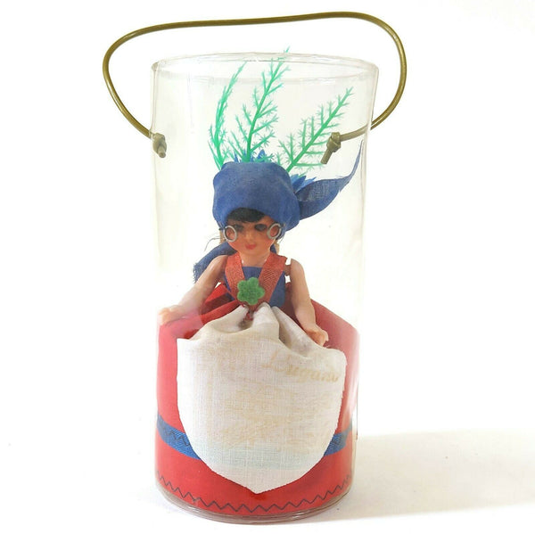 Vintage Zwitserse klederdrachtpop Lugano in koker, ca. 13 cm