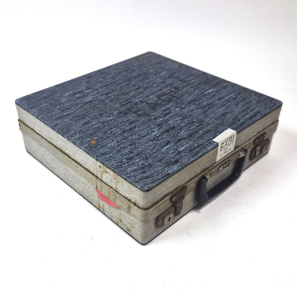 Vintage BEVO platenkoffer met harmonicavakken, blauw en grijs