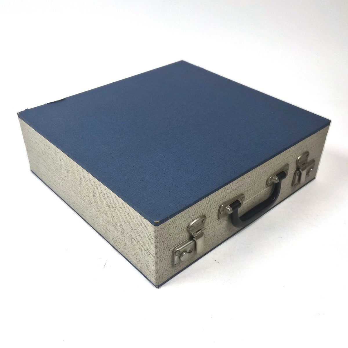 Vintage blauwe platenkoffer met harmonicavakken voor 24 LP's