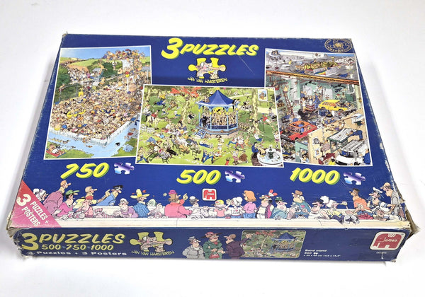 Vintage Jan van Haasteren 3-in-1 puzzelset: Band Stand, Fun Around the Pool, Cars in the Make