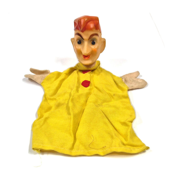 Vintage handpop hofnar met vinyl hoofd en geel kostuum