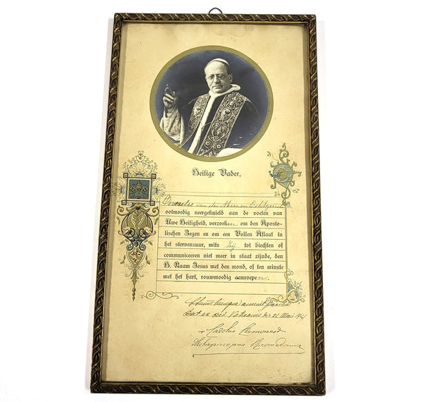 Vintage pauselijk zegendocument met portret van Pius XI, Nederlandstalig, in lijst