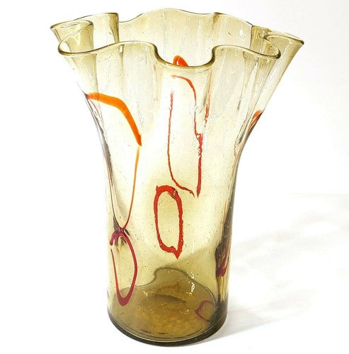 Vintage Murano glazen vaas, handgeblazen, amber en rood