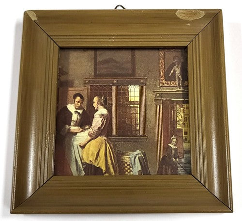 Vintage ingelijste Nederlandse prent met interieurtafereel