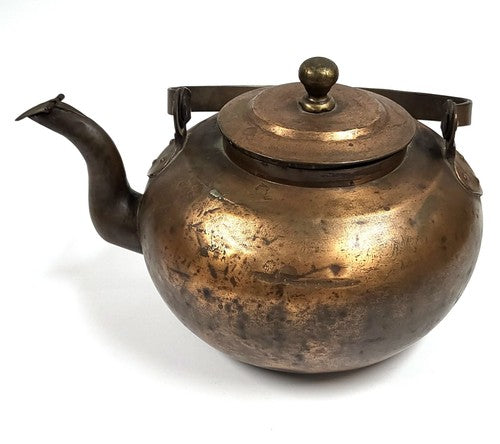 Antieke koperen ketel met messing handvat, ca. 30 cm