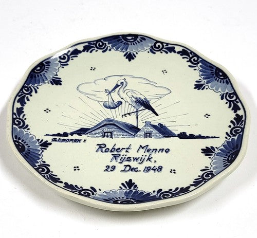 Vintage delfts blauw bordje met ooievaar