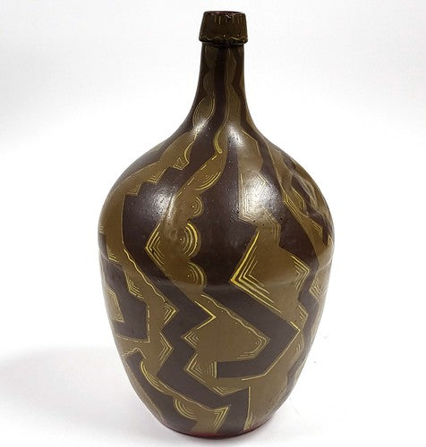 Vintage handbeschilderde glazen demijohn als vaas, tribal ontwerp
