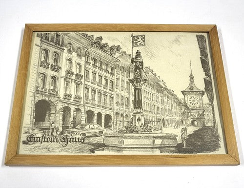 Vintage ingelijste tekening van het Einsteinhaus in Bern, gesigneerd