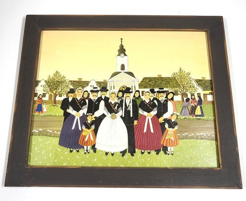 Vintage olieverfschilderij 'Das Hochzeitsbild' van Rosi Siegel, naïeve dorpsbruiloft